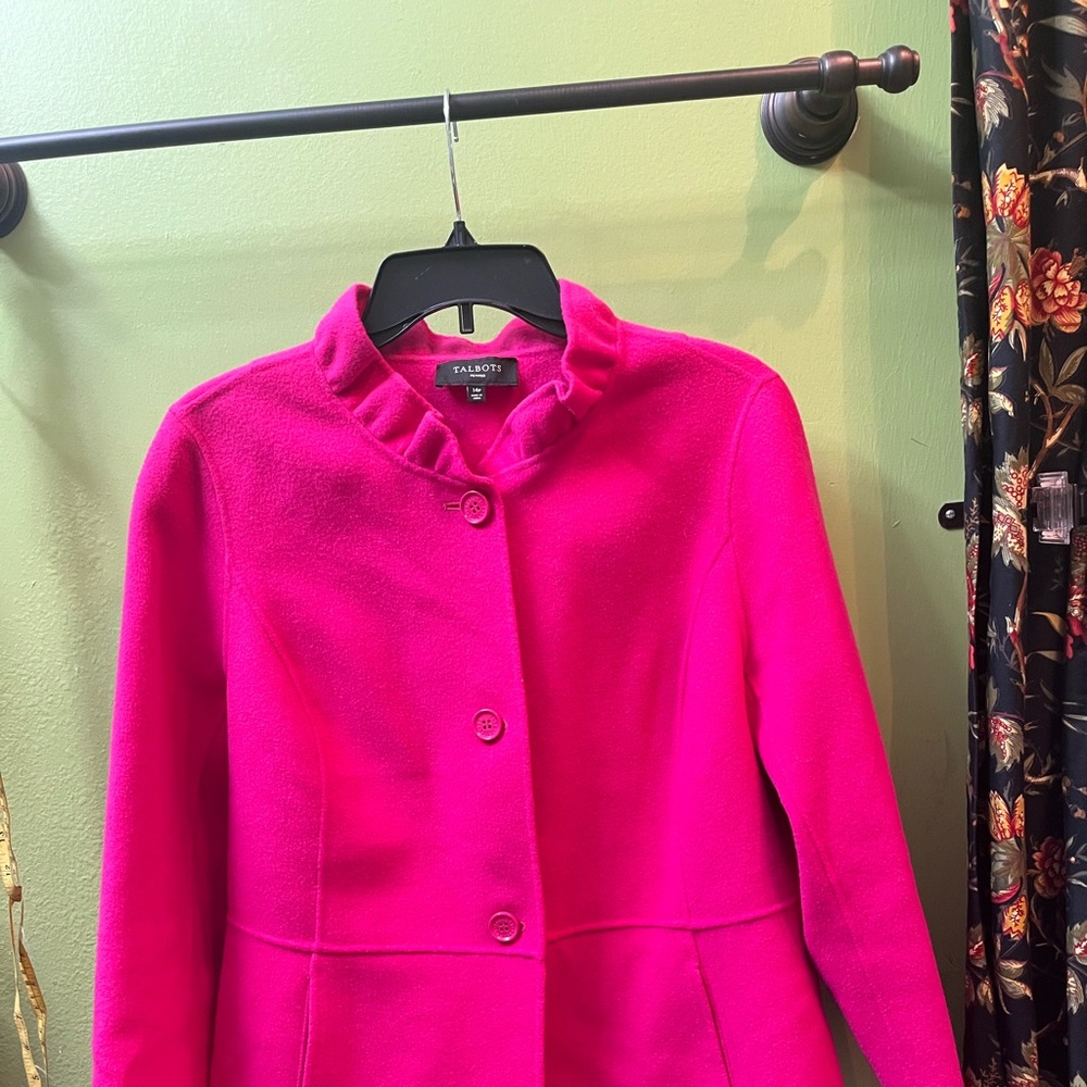 Talbots 14P Pink Wool Dbl faced Jacket Blazer with Ruffle Collar EUC